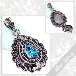 Blue Topaz Eclectic Silver Artisan Poison Box Pendant, 2” (Turquoise / Sky Blue)